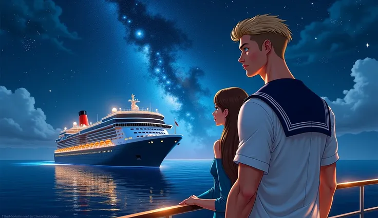 in the distance. Realistic human image with very high resolution and definition. 8K quality.
A majestic aerial view of the cruise sailing under a starry sky, with Lucas (young man, tall, strong, body like someone who goes to the gym. Strong blue eyes, stra...