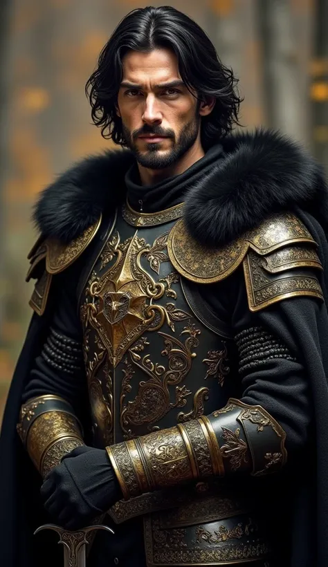  A king in medieval times with a cool personality. Shoulder-length black hair, short beard and blood-colored eyes.  A powerful warrior in the best clothes . He always carries a sword .  He wears a lot of black and gold .  detailed armor,  extremely handsom...