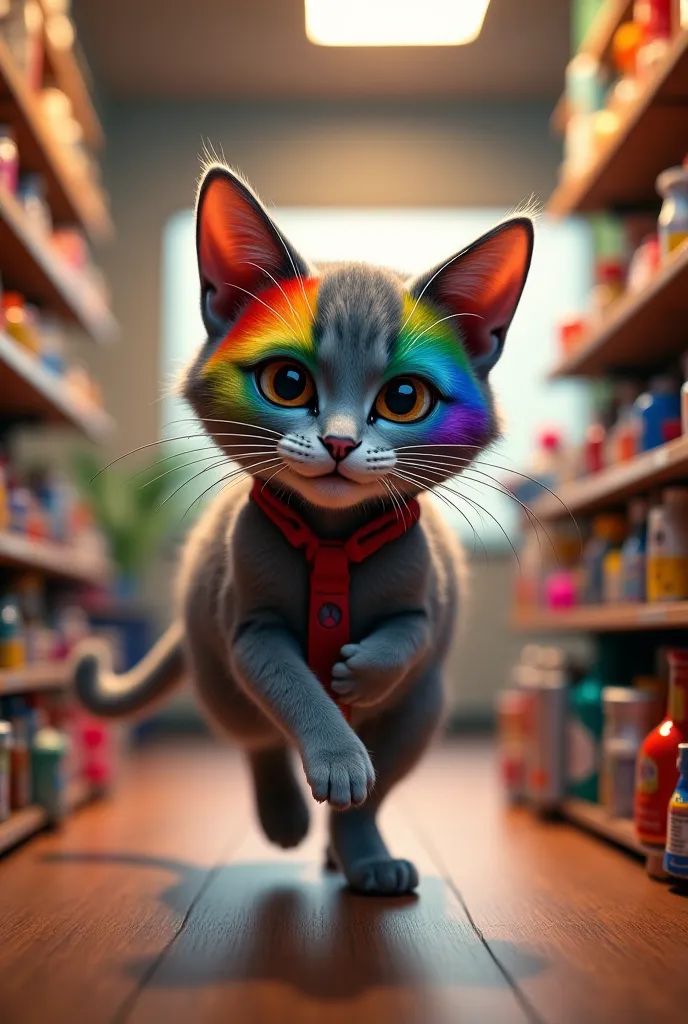 A cat in a rainbow mask robs a store