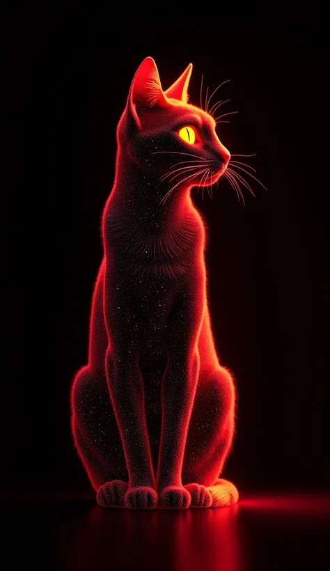 "An elegant red cat in profile, created with a futuristic and minimalist artistic style. Its silhouette is composed of thousands of small white dots that form a subtly illuminated mesh against a deep black background. The cat has an intense look with refle...