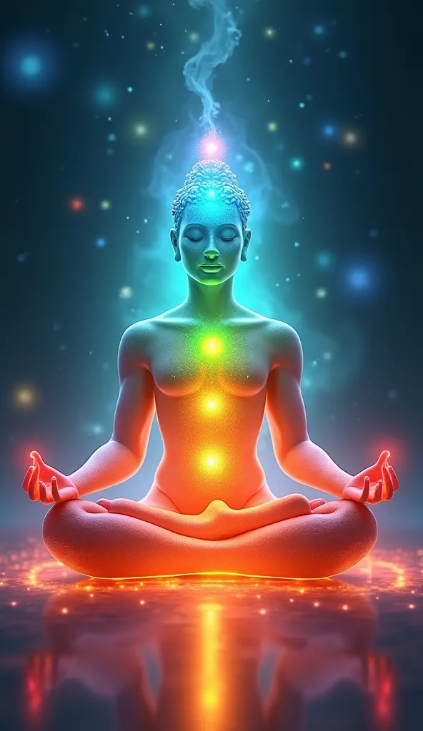 Generate in cartoon 3d cinematic style A meditating figure surrounded by a mystical energy field, with vibrant colors glowing from different chakras. The red glow at the base symbolizes strength, yellow at the head for wisdom, blue around the throat for pe...