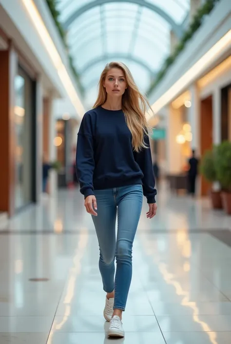 8K. Blonde woman with long hair and perfect body. walking around the mall, Navy blue sweatshirt,  blue jeans and white sneakers . indoor mall photo,  high-quality photo