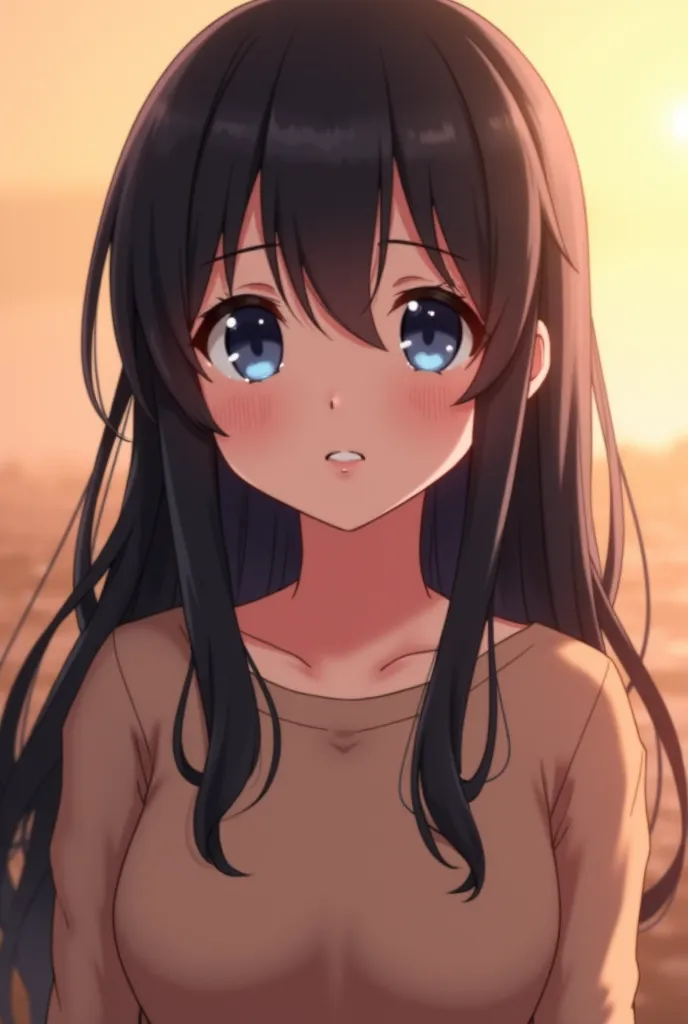 "A 17-year-old anime girl with long, wavy black hair and deep blue eyes. She is " with a shy and timid expression. She wears a modest, soft-colored outfit like a sweater or dress. The background is warm and peaceful."

