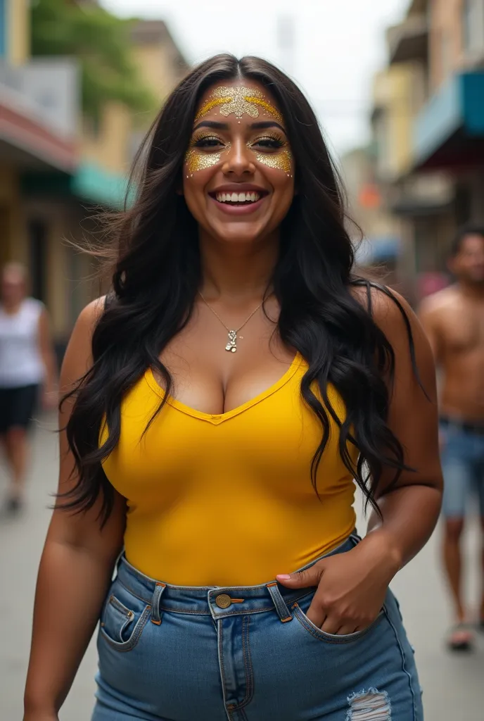 Generate a very realistic and natural photo of a 35-year-old Brazilian woman, Half chubby long and straight black hair, Carnival makeup with glitter yellow top and denim shorts on the avenue with a grain around the waist another on the leg your fingers are...