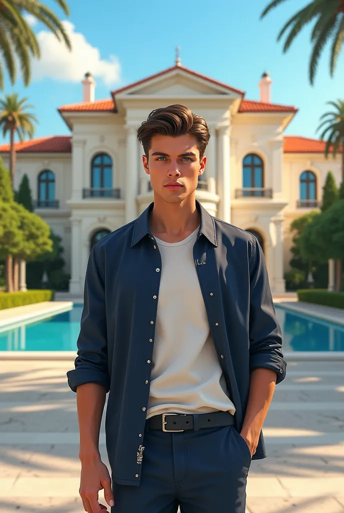 A handsome young man with blue eyes and modern clothes standing in front of a villa 