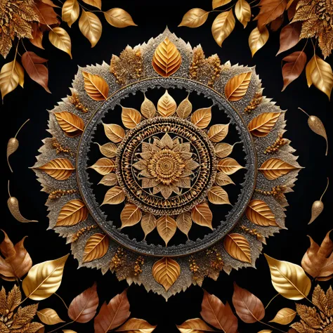 bright atmosphere, peaceful mandala, hyperdetailed, hyperrealism, high resolution, 8k,  fallen leaves, Mandala lies on the ground above the soil, mandala is gold and shining