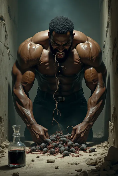 Create a muscular black man eating rats with a glass of poison in a abandoned basement 