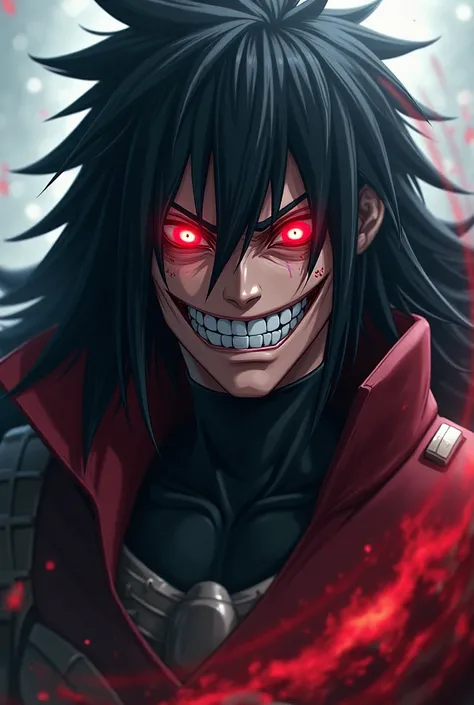 Make me a design of a tattoo of Madara Uchiha that I tensei make it look shiny her eyes with the renegan and with an evil smile that shows her armor and her enormous hair