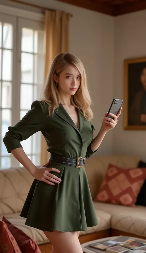  portrait of a 48-year-old blond French woman from 1940 , Period costume, Real leather ,  taking a selfie with a smartphone, ( living room with historic furniture , Calm, soft light: 1.2)