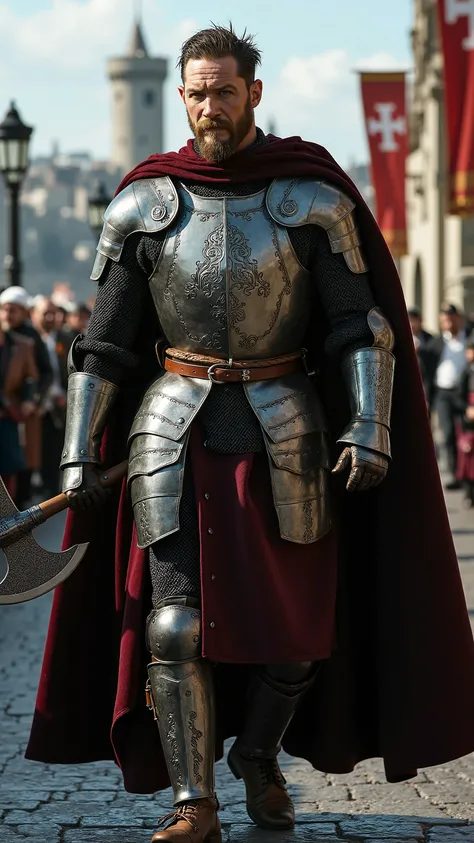 Tom Hardy as a knight walking and carrying a battle axe、dramatic atmosphere, 1 man、He has piercing blue-gray eyes and short, tousled dark brown hair, with a few loose strands falling over his forehead.
He wears a masterfully crafted suit of polished stee...