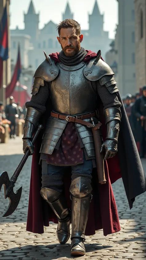 Tom Hardy as a knight walking and carrying a battle axe、dramatic atmosphere, 1 man、He has piercing blue-gray eyes and short, tousled dark brown hair, with a few loose strands falling over his forehead.
He wears a masterfully crafted suit of polished stee...