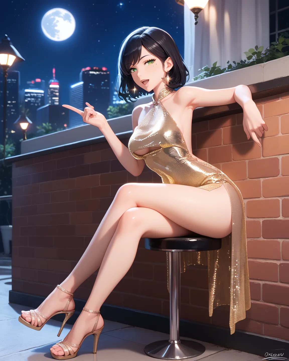 score_9, score_8_up, score_7_up, score_6_up, source_anime, anime, solo, medium hair, black hair, swept bangs, green eyes, mole under eye
SongYiCasual, disco dress, microdress, full body, high heels, outdoors, sitting on little wall, night, moon, stars, moo...