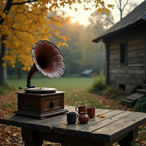 a Russian village during the Great Patriotic War. An old gramophone stands on a wooden table in a rustic courtyard. There may be several cups on the table, creating an atmosphere of warmth and memories. Autumn is just beginning — the leaves on the trees ar...