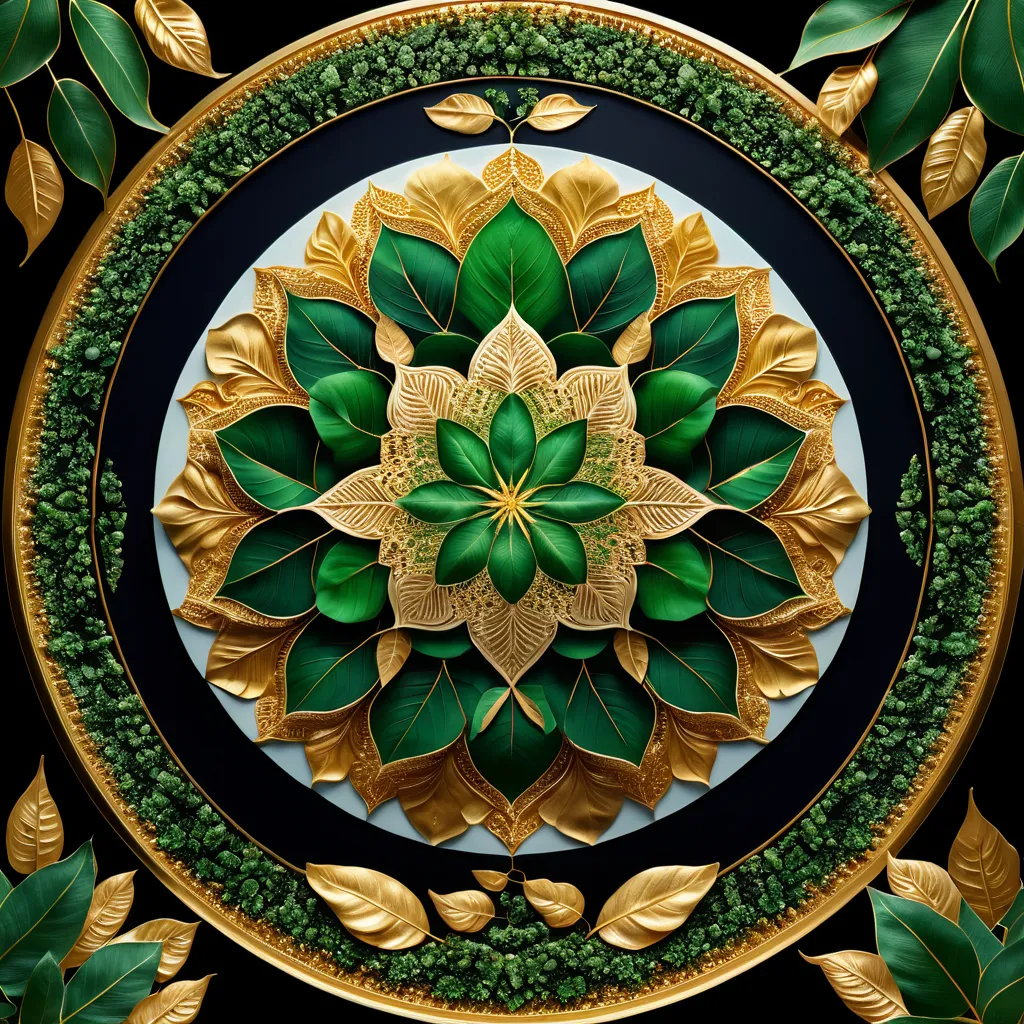 bright atmosphere, mandala, hyperdetailed, hyperrealism, high resolution, 8k, green leaves, Mandala lies on the ground above the soil, mandala is gold and shining