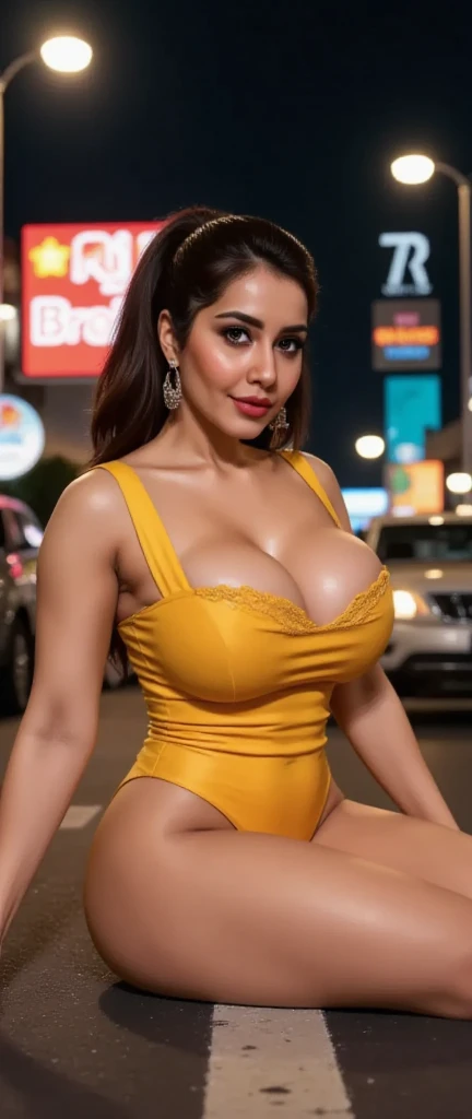 A highly detailed, realistic portrait of a busty woman Spread her legs sitting on a road in a futuristic alleyway, surrounded by neon signs and holographic billboards. She has multiple piercings, she had long wavy hair on her shoulders with detailed cute p...