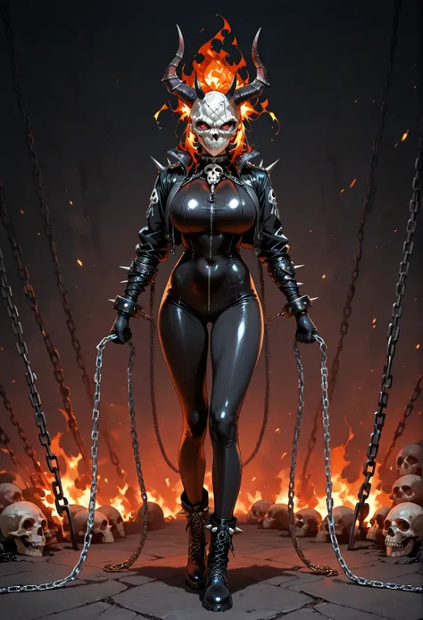 score_9, score_8_up, score_7_up, rating_safe, anime style, 1girl, full body, solo. Young beautiful face, fit body, ((flaming hair)), red fire hair, (Big breast), black jacket with spikes, ((black bodysuit)) cover all body, high boots, black leather glove, ...