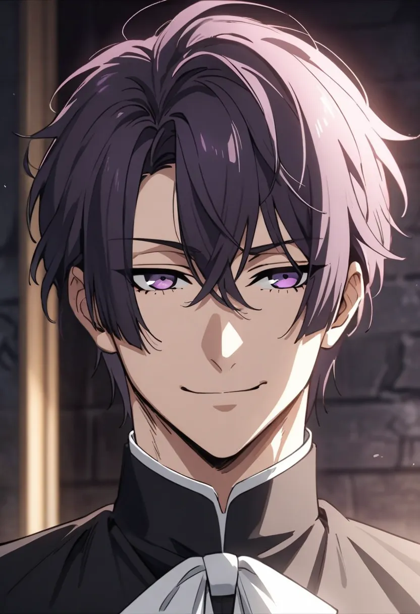 Handsome, solo, male, short hair, dark lavender hair, purple eyes, black noble uniform, smirking, boy, very handsome, young boy, 