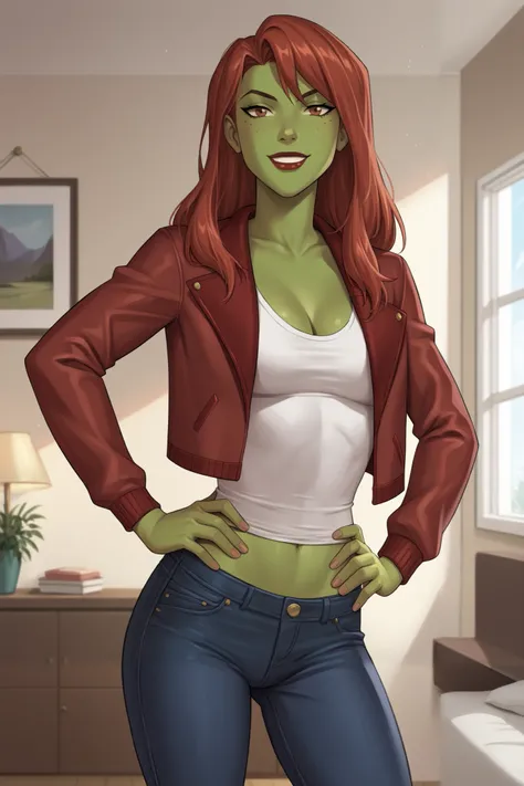 PonyXLV6_Scores BREAK (perfect anatomy, perfect eyes), BREAK mgann morzz, long hair, red hair, colored skin, green skin, freckles, brown eyes, makeup, bright red lipstick, ((looking at viewer)), superhero, dark red racerback tank top, dark red jeans, dark ...