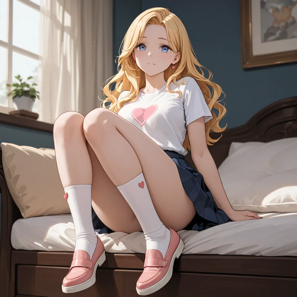 Amelia is a young girl who is very skinny and lithe. Amelia has long blonde wavy hair with dark blue irises. Amelia is 4'6 and has dainty, adorable hands. Amelia wears a white t-shirt with a light pink heart on it. She also wears a pleated mini-skirt that'...