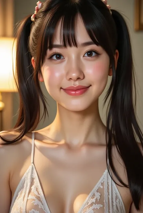 masterpiece, high quality,16k,8K,beautiful,get used to it,exquisite, ultra high resolution, high quality, beautiful face, Japanese, NSFW, v-string swim,upper_body,Thick twin tails,ultimate cute girl:1.6 , Cinema Lighting,smile, areola slip, covred nipple, ...