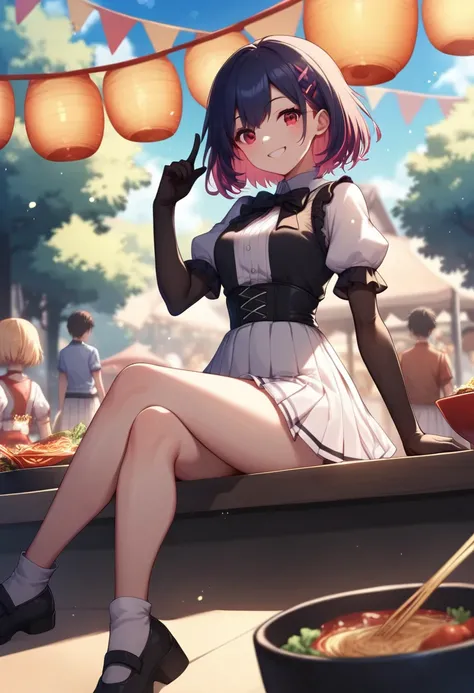 masterpiece, top quality, Seductive Poses, Full Body Wide Angle , smile, (is sitting:1.1) ,Ichiraku Ramen, ( When I eat ramen  :1.0),  has chopsticks and a ramen bowl, Slurp the noodles,, Suzuka's Silence  (Uma Musume), black gloves, White Skirt, pleated s...