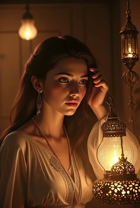 A beautiful girl with long hair holding a lantern hanging a Ramadan decoration