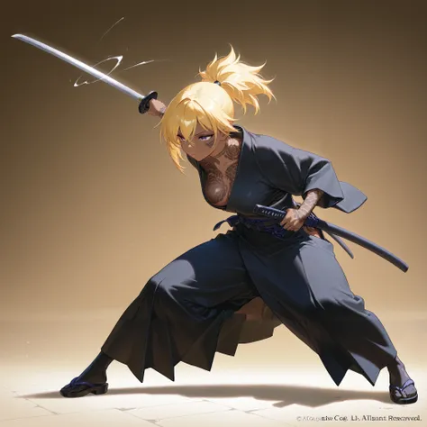 A Beautiful Samurai Holding a Japanese Sword 、I sat down in action painting 、 ponytail、 yellow hair 、 brown skin 、 Japanese kimono、 perfect face、 masterpiece, anatomically accurate, top quality, textured skin, full body tattoo /Jap...