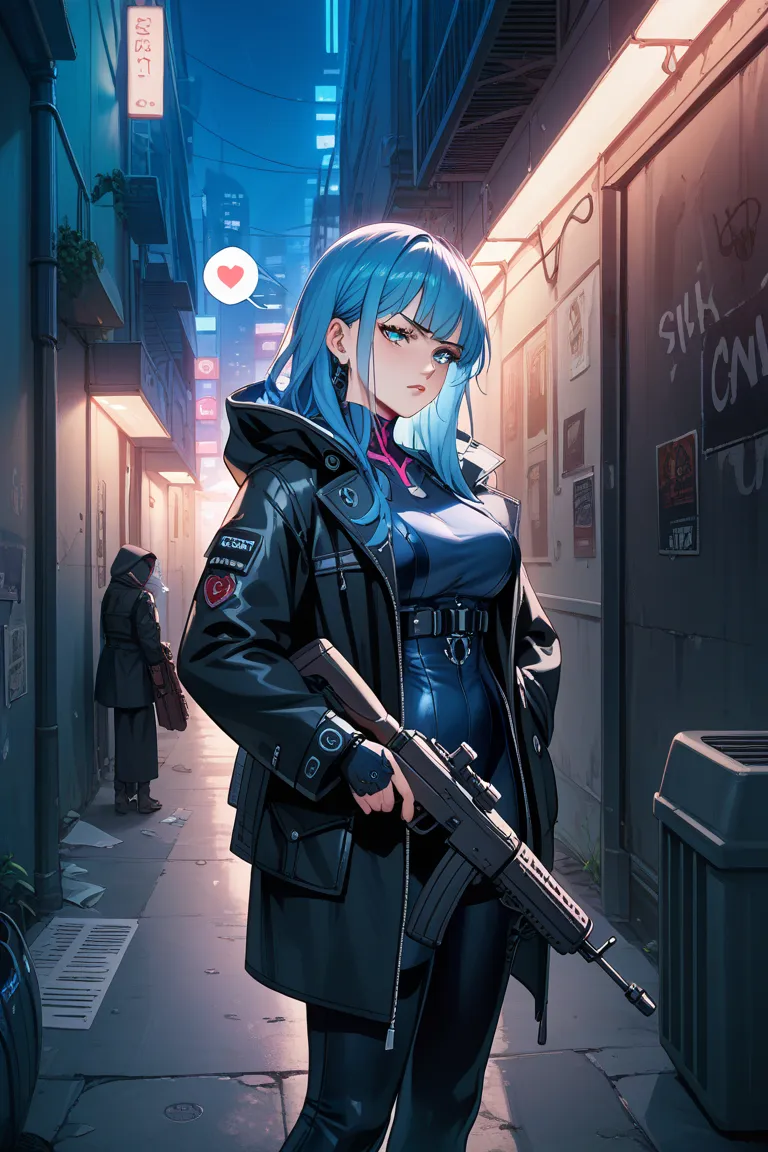  manga ,blue hair long,cool tsundere beauty,Night Alley,black coat,spoken heart ,sound effect,is tall, I smoke, and is wearing a hood,cyberpunk, has a submachine gun