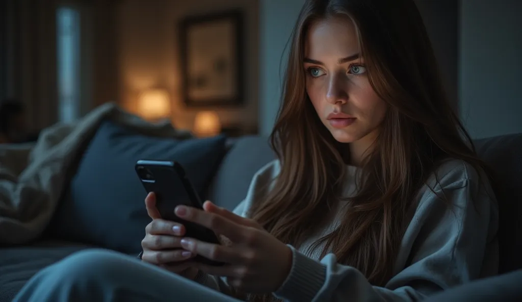 A girl is sitting on the couch and looking at her phone. 4k camera. Professional background blur. Chromatic aberrations at the edges of the picture. the girl is brown, she has long, straight chocolate hair, and blue eyes, plump lips, Fill this image with a...