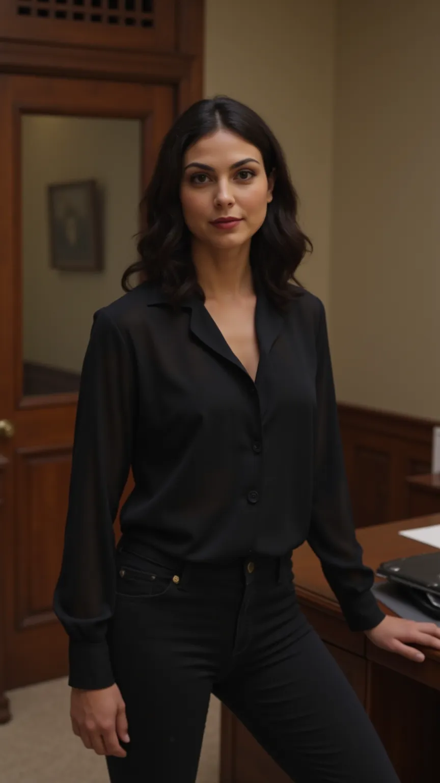 Morena Baccarin en jeans noire et chemisier classe dans un bureau retro vide. Debout devant un bureau et face à la caméra.