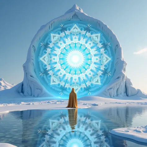 A  white ice mandala  stands in the snow, 8k, hyperrealism, hyperdetailed, UHD, award winning, accurate, masterpiece, high resolution, detailed background, cinematic light, The ratio of shadow and light is harmonious, There is a reflection of the mandala o...