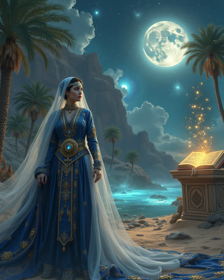 a hyper-realistic, Don Lawrence-inspired illustration: A 24yo m8ddle eastern woman with chestnut hair, sapphire eyes, and a snow-white hijab embroidered with celestial motifs. Adorned in ancient jewelry—lapis/carnelian/moonstone bead choker, gold astrolabe...