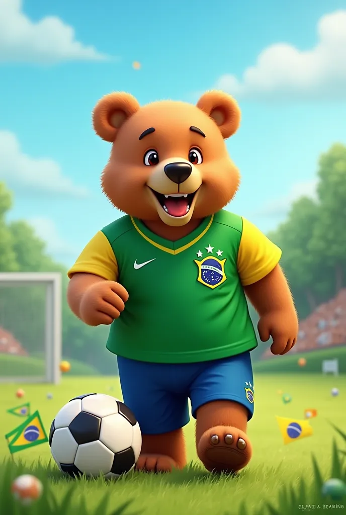 "A bear wearing the Brazilian soccer team jersey, with the vibrant colors green and yellow. The bear is in a cheerful environment,   on a soccer field , with a ball at his side and little Brazilian flags in the background.  The sky is blue and sunny , conv...