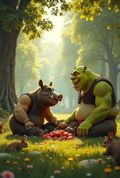 Obelix and Shrek eating a wild boar