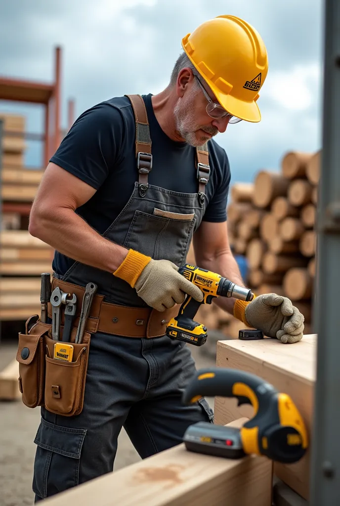  detailed description :
stage :
The worker is in a construction or carpentry setting. This could be a workshop with stacked wood or a construction site with scaffolding and building materials around.  The lighting is natural , With a partly cloudy sky givi...