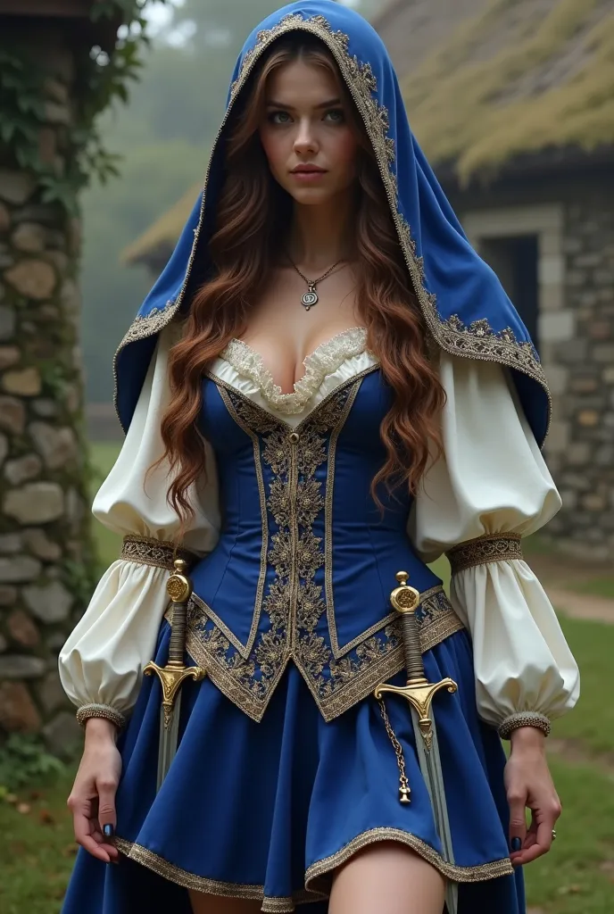 Hyper realistic, 8k, long brunette hair, small breasts, flared sleeve brilliant sapphire and white coloured corseted bodice wuth hood, a ruffled gothic short skirt trimmed with gold lace and adorned golden pomoply. Dual daggers shethed hanging from her wai...