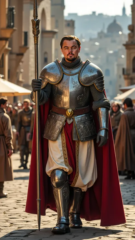 Leonardo DiCaprio as a knight walking and carrying a lance、dramatic atmosphere, 1 man、He has sharp blue eyes and slicked-back golden-blonde hair, with a few loose strands framing his strong jawline.
He wears a finely crafted suit of polished gold-trimmed...