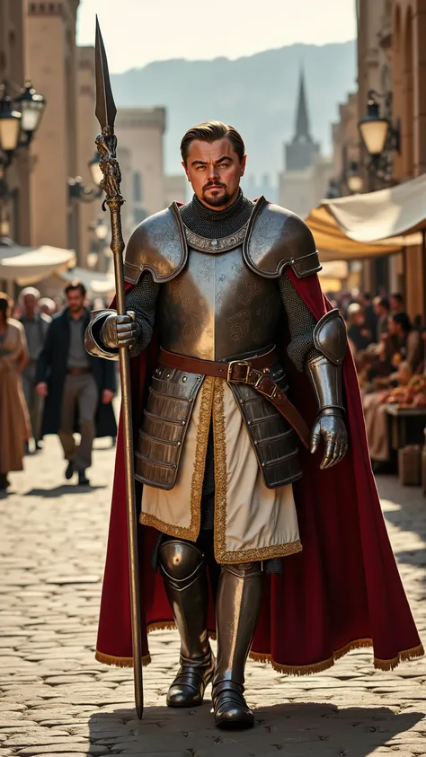 Leonardo DiCaprio as a knight walking and carrying a lance、dramatic atmosphere, 1 man、He has sharp blue eyes and slicked-back golden-blonde hair, with a few loose strands framing his strong jawline.
He wears a finely crafted suit of polished gold-trimmed...
