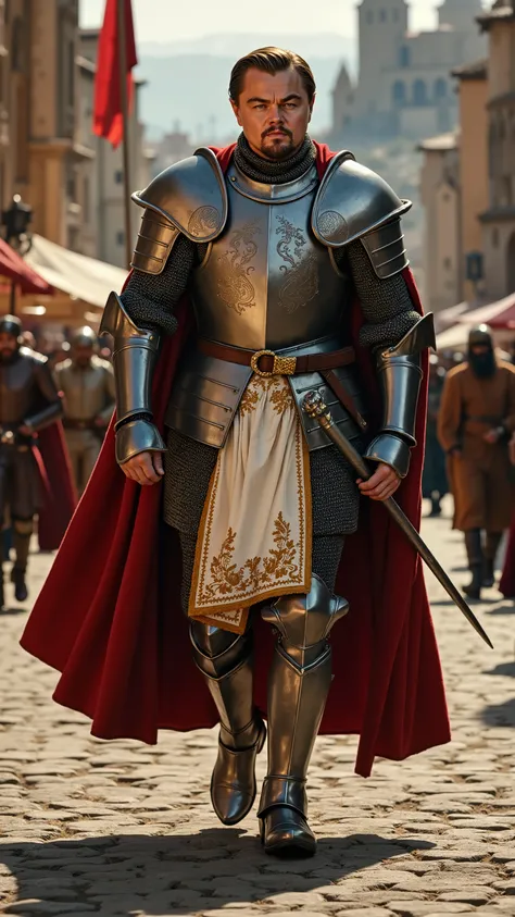 Leonardo DiCaprio as a knight walking and carrying a lance、dramatic atmosphere, 1 man、He has sharp blue eyes and slicked-back golden-blonde hair, with a few loose strands framing his strong jawline.
He wears a finely crafted suit of polished gold-trimmed...