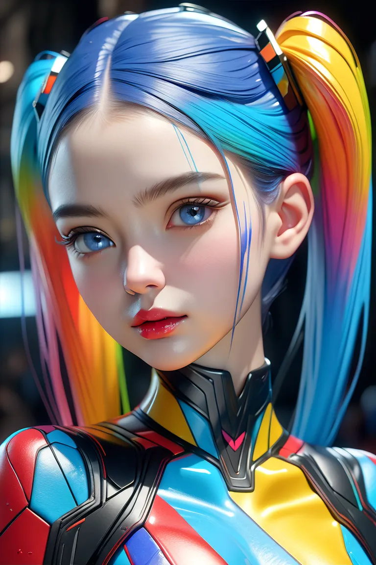 Surrealist、one girlの8kオクタン、 by Pablo Picasso 、one girl、Blue Hair and Blue Twin Tails、Detailed Blue Eyes and Shiny Lips、cool expression、accurate human body shape based on anatomy、Ultra Realistic Textured Skin、The entire painting is expressed in abstract cub...