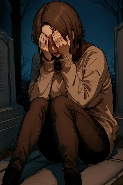  A woman, crying,  folded legs , sitting, on top of my legs, on the ground, Engagement ring, hands in the eyes , tears in the eyes, brown sweater, 5 fingers, In front of a grave, two, cemetery