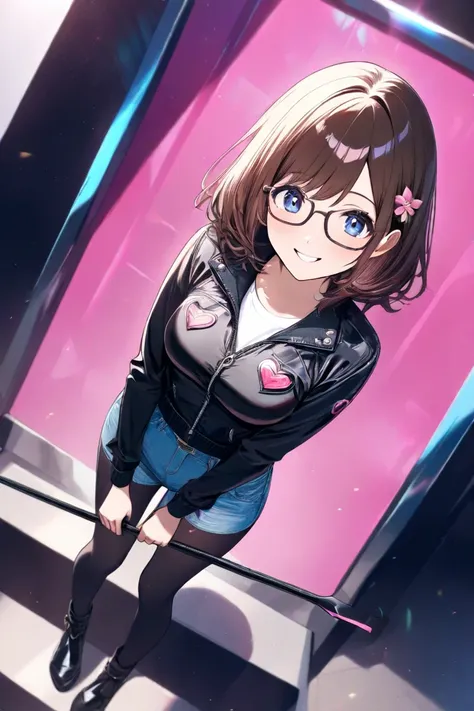 Standing at the podium　teacher　long brown hair　  pink flower hair ornament  　 medium breasts　pink heart sign　denim hot pants　 black tights　 Black Down Jacket　 blushes, smiles,high definition, square black rimmed glasses　holding a stick in hand　angle from a...