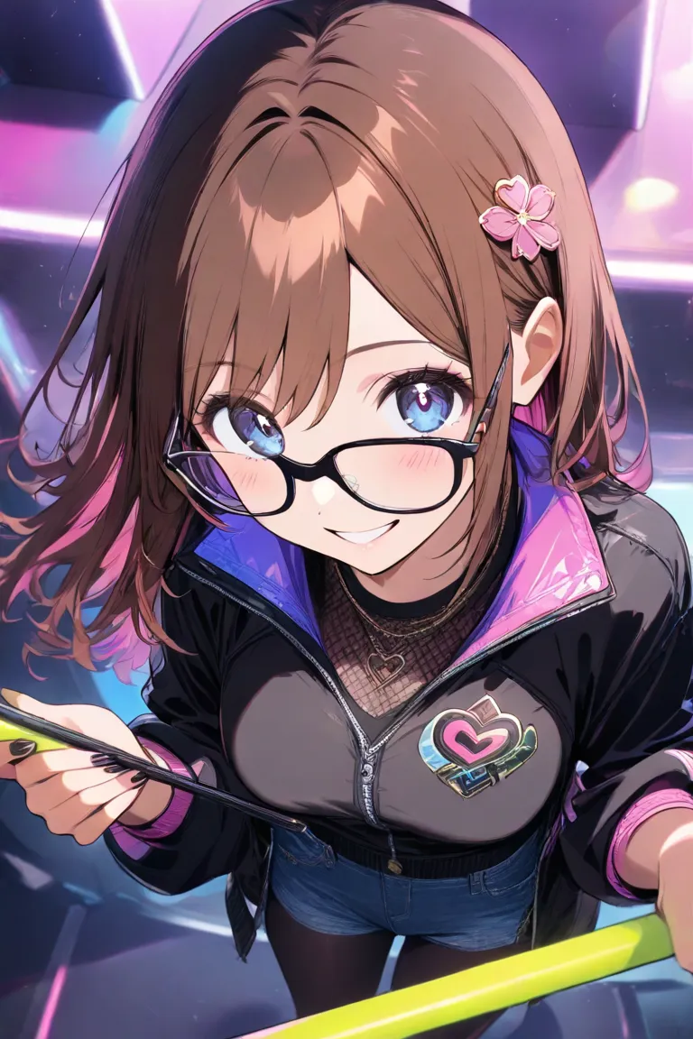 Standing at the podium　teacher　long brown hair　  pink flower hair ornament  　 medium breasts　pink heart sign　denim hot pants　 black tights　 Black Down Jacket　 blushes, smiles,high definition, square black rimmed glasses　holding a stick in hand　angle from a...