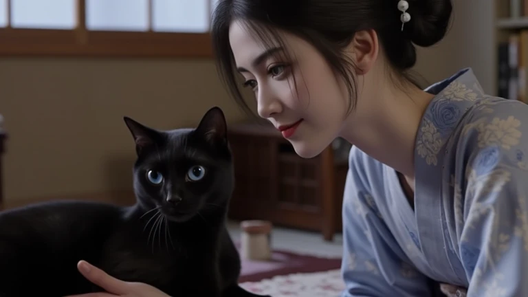 Japanese woman and blue-eyed black cat, indoors