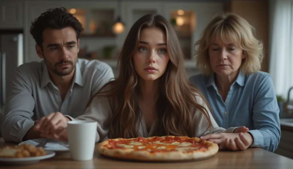  A girl of 28 years old and her mom and dad of 50 years old are sitting in the kitchen at the table talking. they are well dressed. there is pizza and cake on the table. 4k camera. Professional background blur. Chromatic aberrations on the edges of the pic...