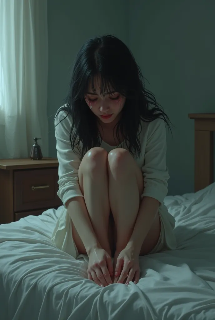 A woman crying a lot,  sitting on the bed  