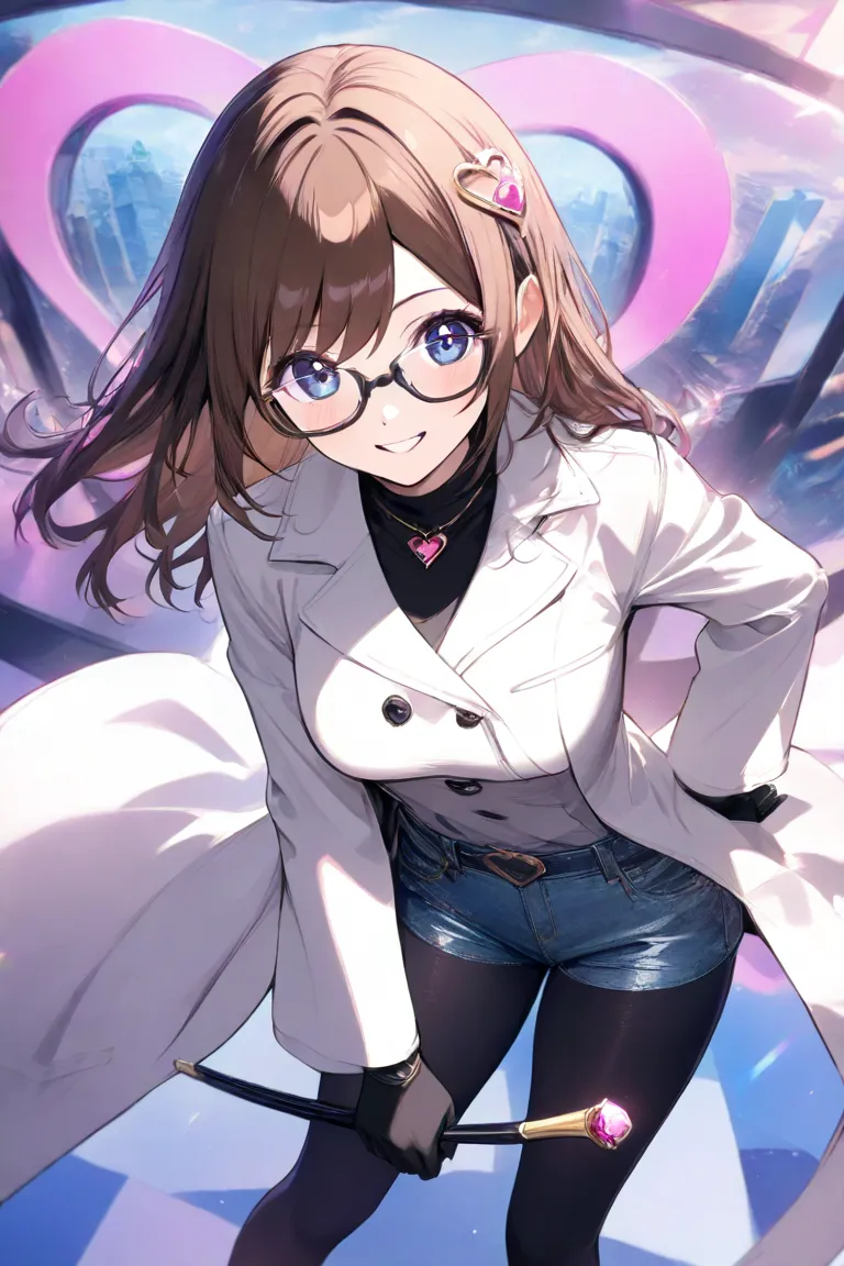 Standing at the podium　teacher　long brown hair　  pink flower hair ornament  　 medium breasts　pink heart sign　denim hot pants　 black tights　 white coat　 blushes, smiles,high definition, square black rimmed glasses　holding a stick in hand　angle from above