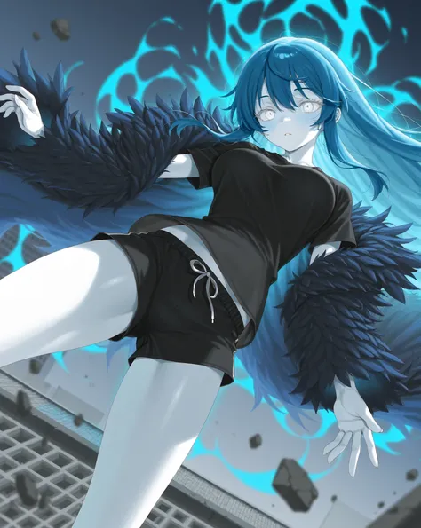 best image quality、high definition、 diamond blue hair 、White Eyes、Feather coat、rooftop、  black t-shirt 、beautiful breasts、  best thighs、Blue aura、 long hair、best image quality、floating rubble、 virus、meteorite、Cosmic Aura 、black shorts、 white skin、 the roya...