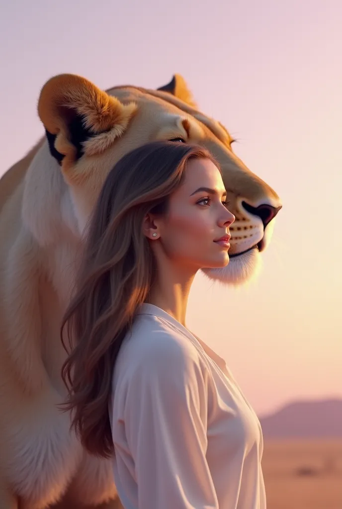 High quality. Lilac background degraded to super light beige from left to right. image of a beautiful woman and behind a lioness. Both looking to the right, The lion's face is a little covered up by the girl. No landscape, just the colorful background.  Re...