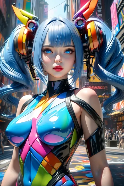 surrealist abstraction、one girlの8kオクタン、、one girl、Blue Hair and Blue Twin Tails、Detailed Blue Eyes and Shiny Lips、cool expression、accurate human body shape based on anatomy、Ultra Realistic Textured Skin、The entire painting is expressed in abstract cubis. Bo...